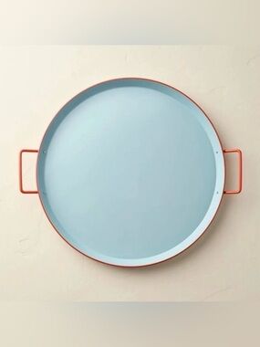 Hearth & Hand Round Metal Serving Tray in Sky Blue with Coral Rim 18in NWT
